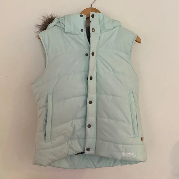 Burton womens Large light aqua blue w/ faux fur hood button + zip 2 pocket EUC - Picture 1 of 6